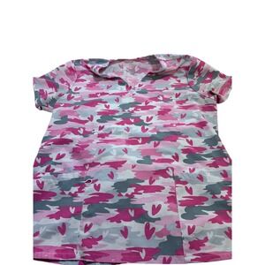 Divine Stretch JDM Pink Camo Heart Print Scrub Top V-Neck Medical Uniform Large